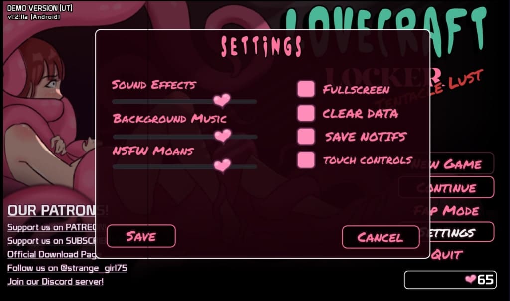 Lovecraft Locker game settings menu